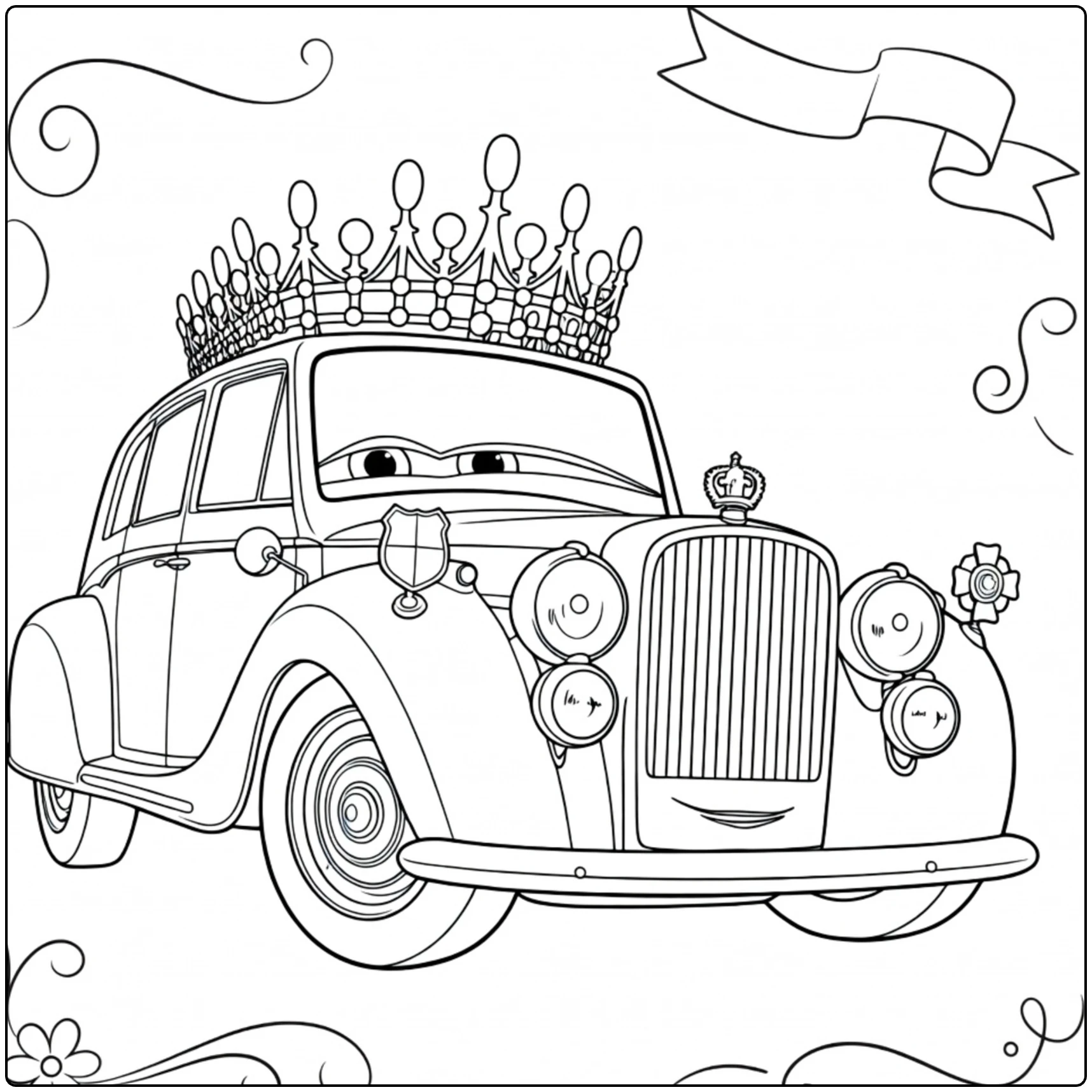 The Queen coloring page with koninklijke car and kroon