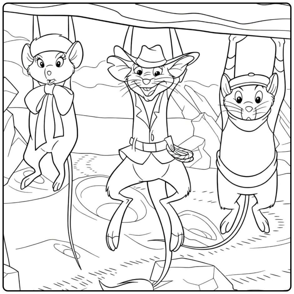 The Rescuers coloring page with mice on an adventure