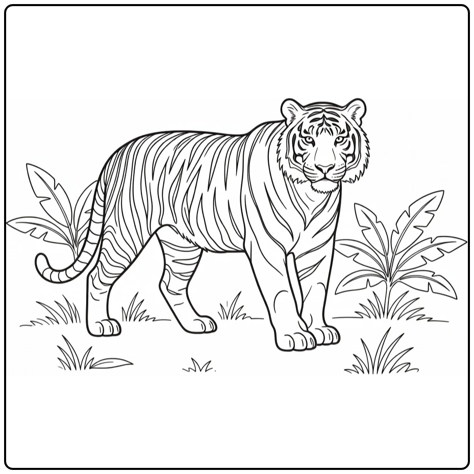Tiger coloring page featuring a jungle animal among plants