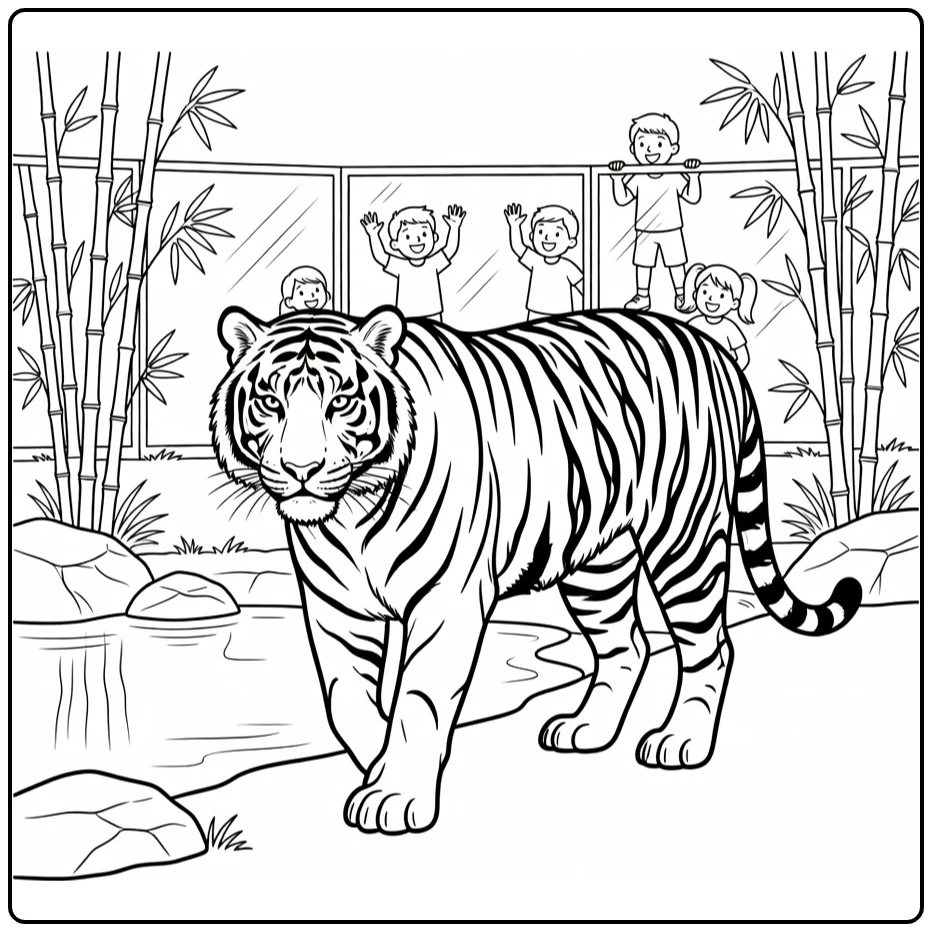 Zoo coloring page featuring a tiger near a pond and bamboo