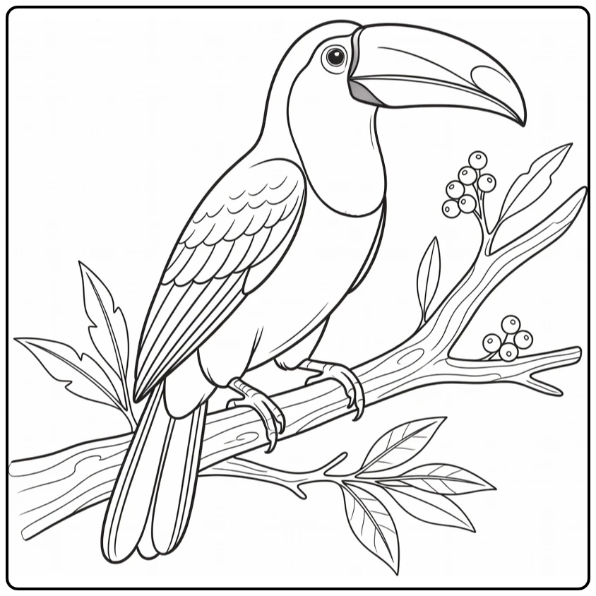 Toucan coloring page showing a jungle bird on a branch