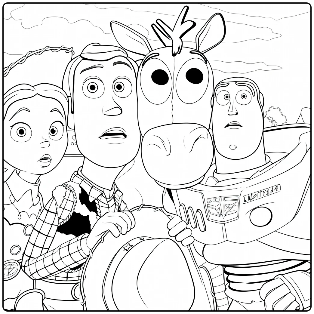 Toy Story 2 coloring page with Woody, Jessie, Buzz, and Bullseye