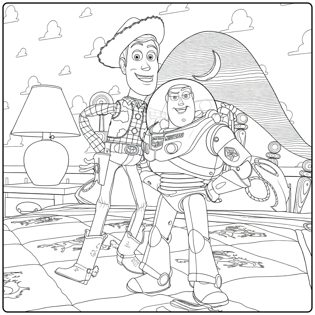Toy Story 2 coloring page with Woody and Buzz Lightyear