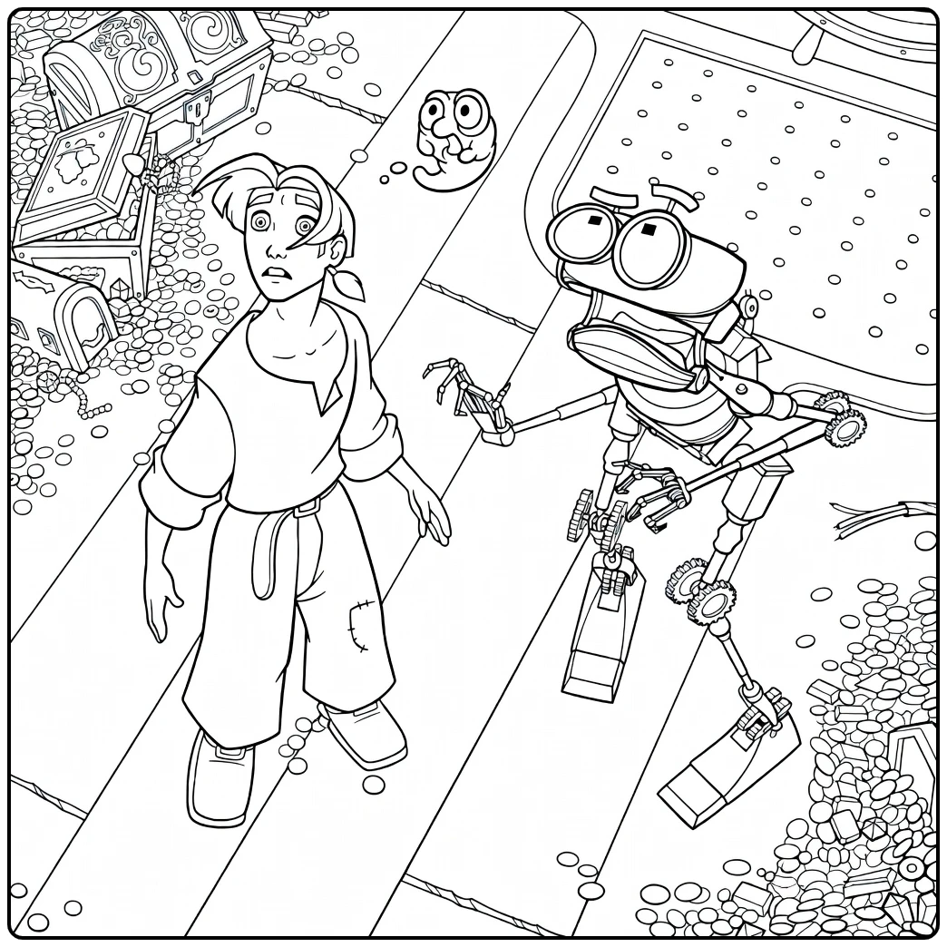 Treasure Planet coloring page with Jim Hawkins and robot