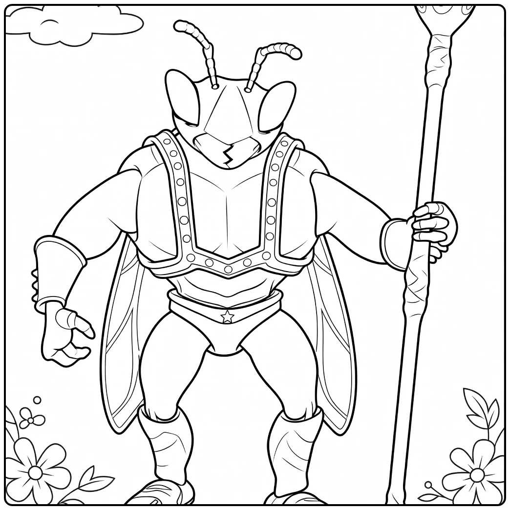 Twitch coloring page heldhaftige mier with staf and vleugels