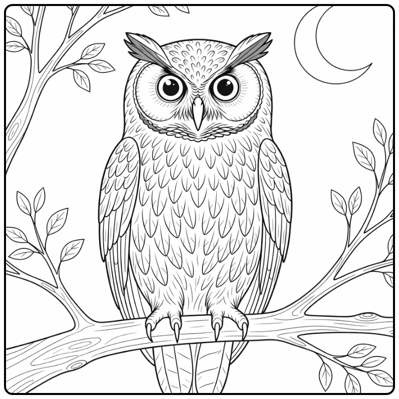 Owl coloring page showing an owl on a branch at night