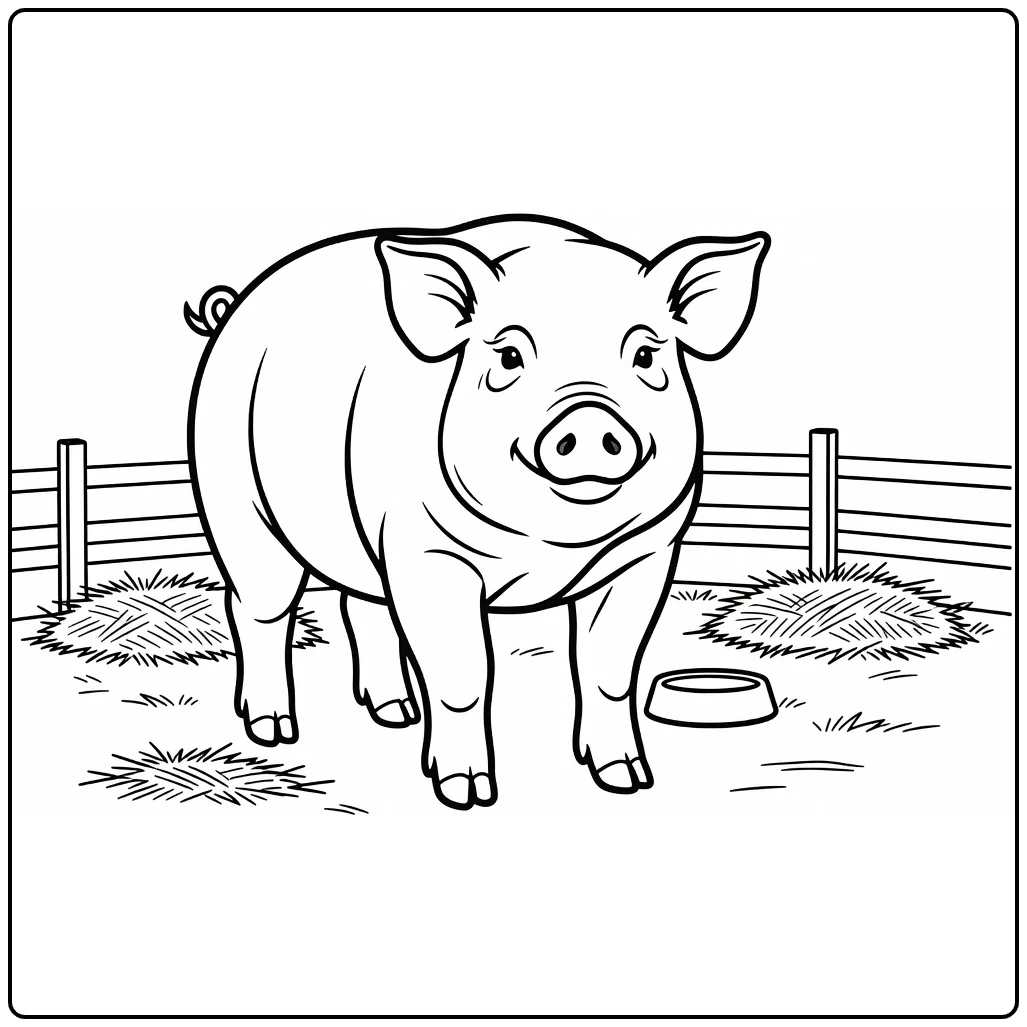 Pig coloring page featuring a pig in a barn stall