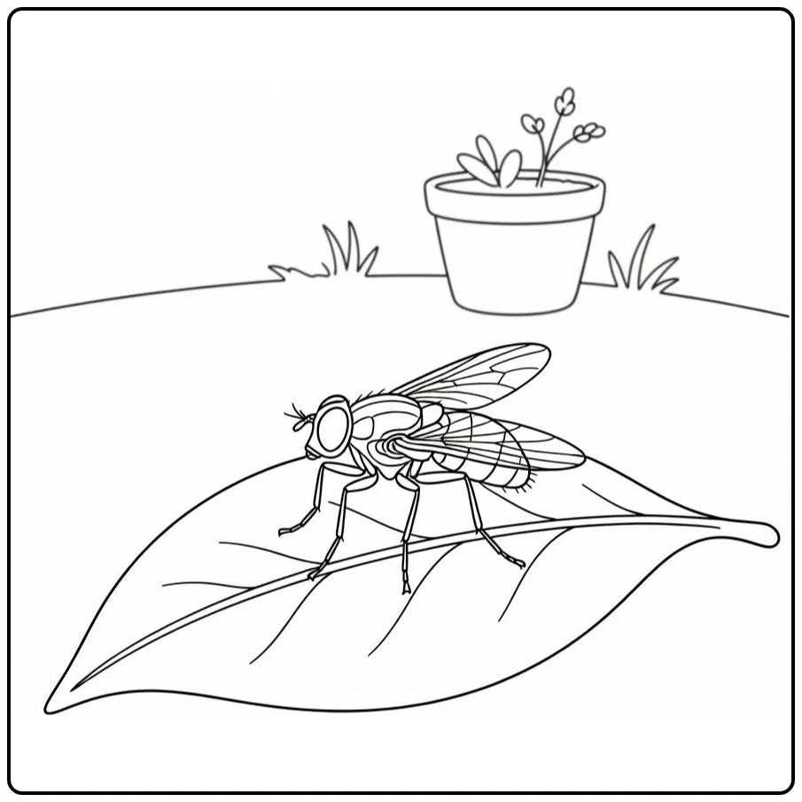 Fly coloring page showing an insect on a garden leaf