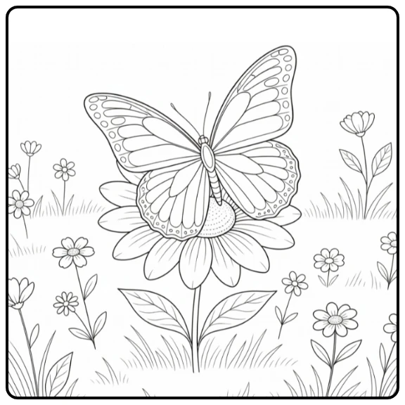 Butterfly coloring page featuring an insect on a flower