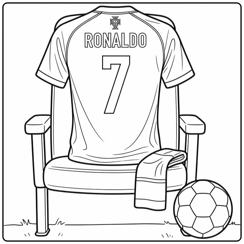 Soccer jersey coloring page showing Ronaldo number 7 on a chair