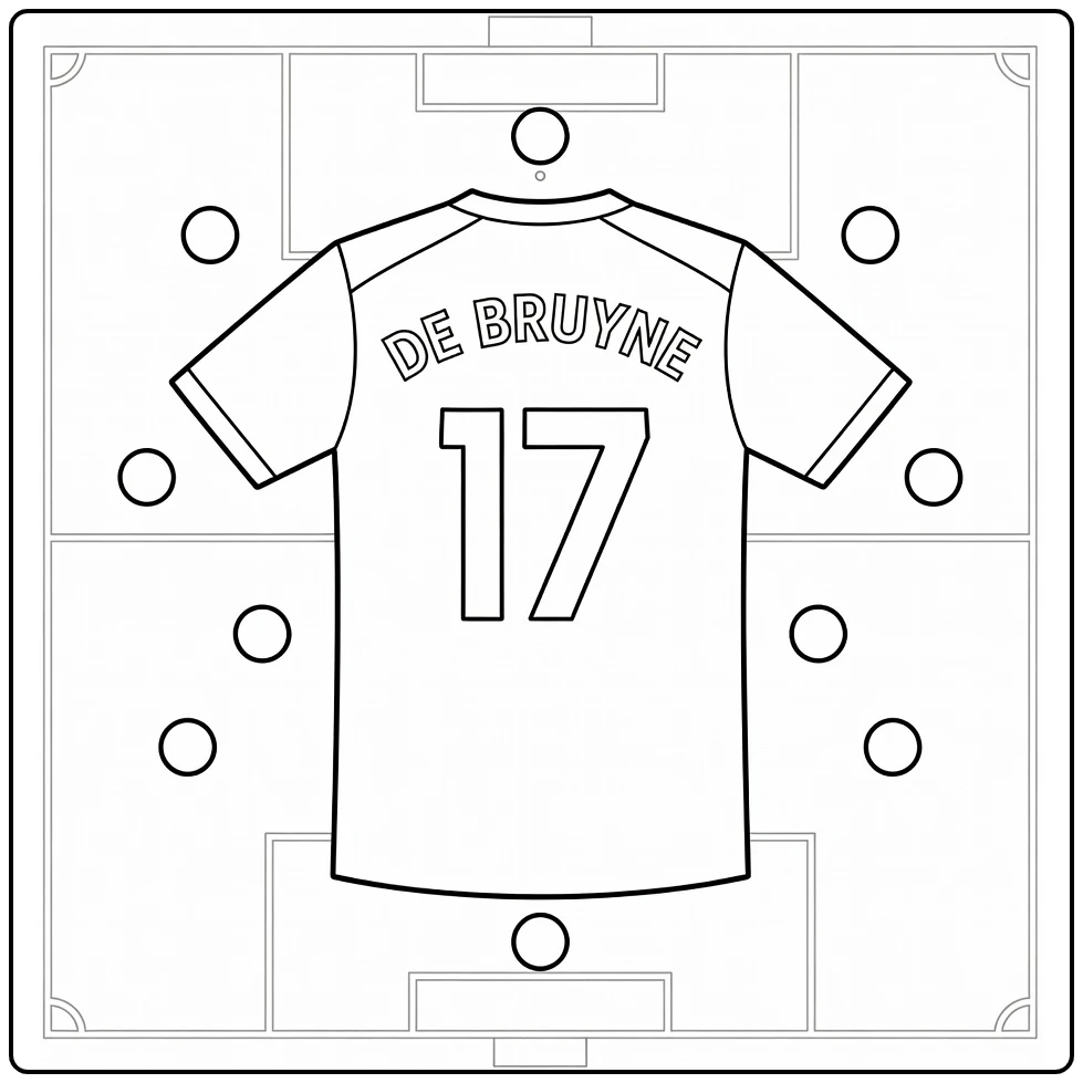 Soccer jersey coloring page showing De Bruyne number 17 on a tactics board