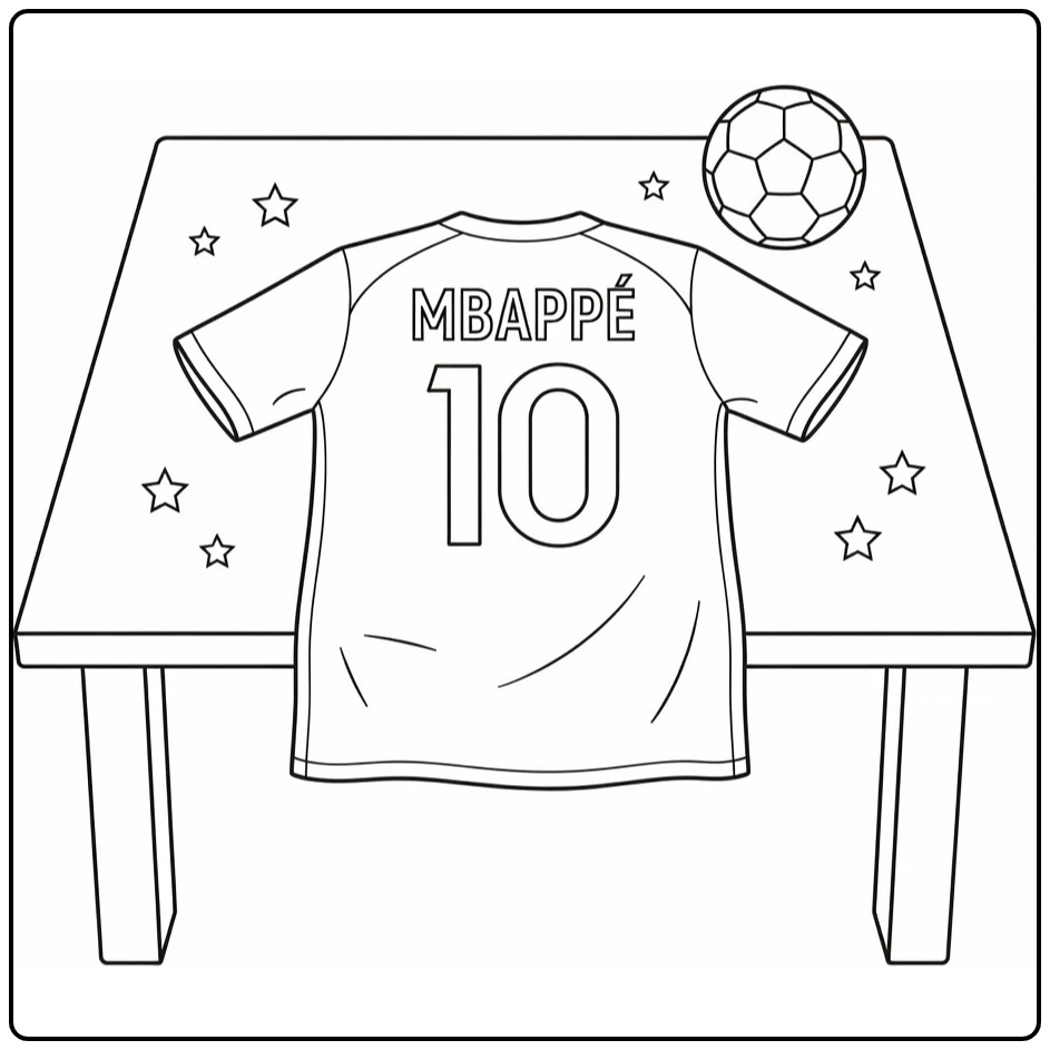 Soccer jersey coloring page showing Mbappe number 10 on a display