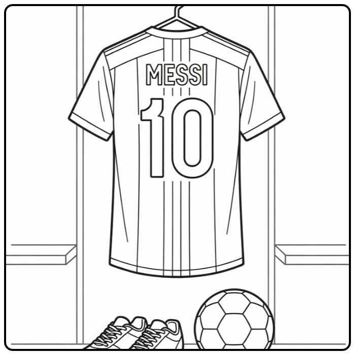 Soccer jersey coloring page featuring Messi number 10 with ball and boots