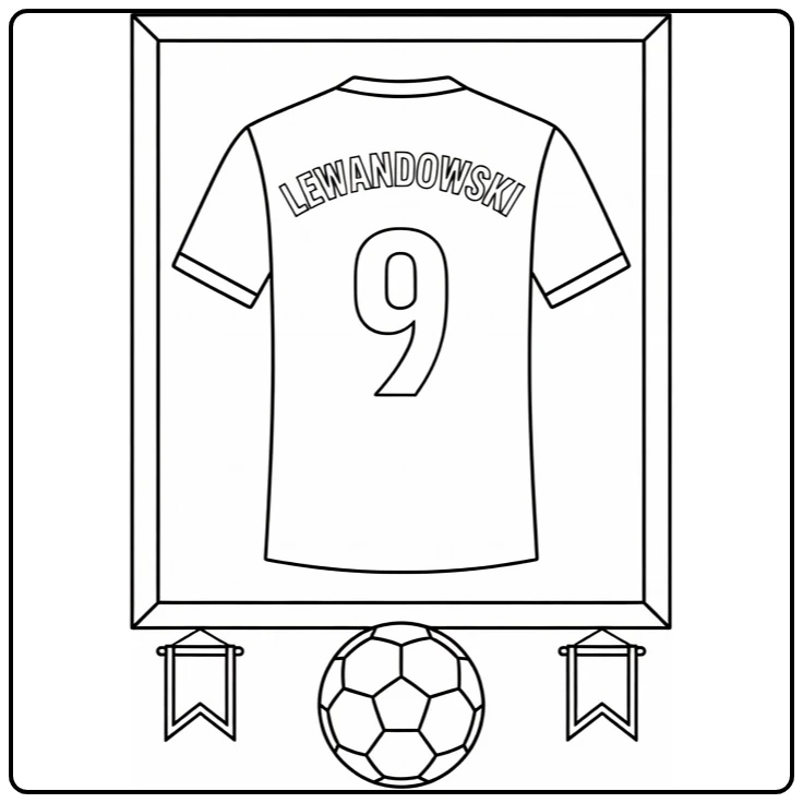 Soccer jersey coloring page featuring Lewandowski number 9 in a frame