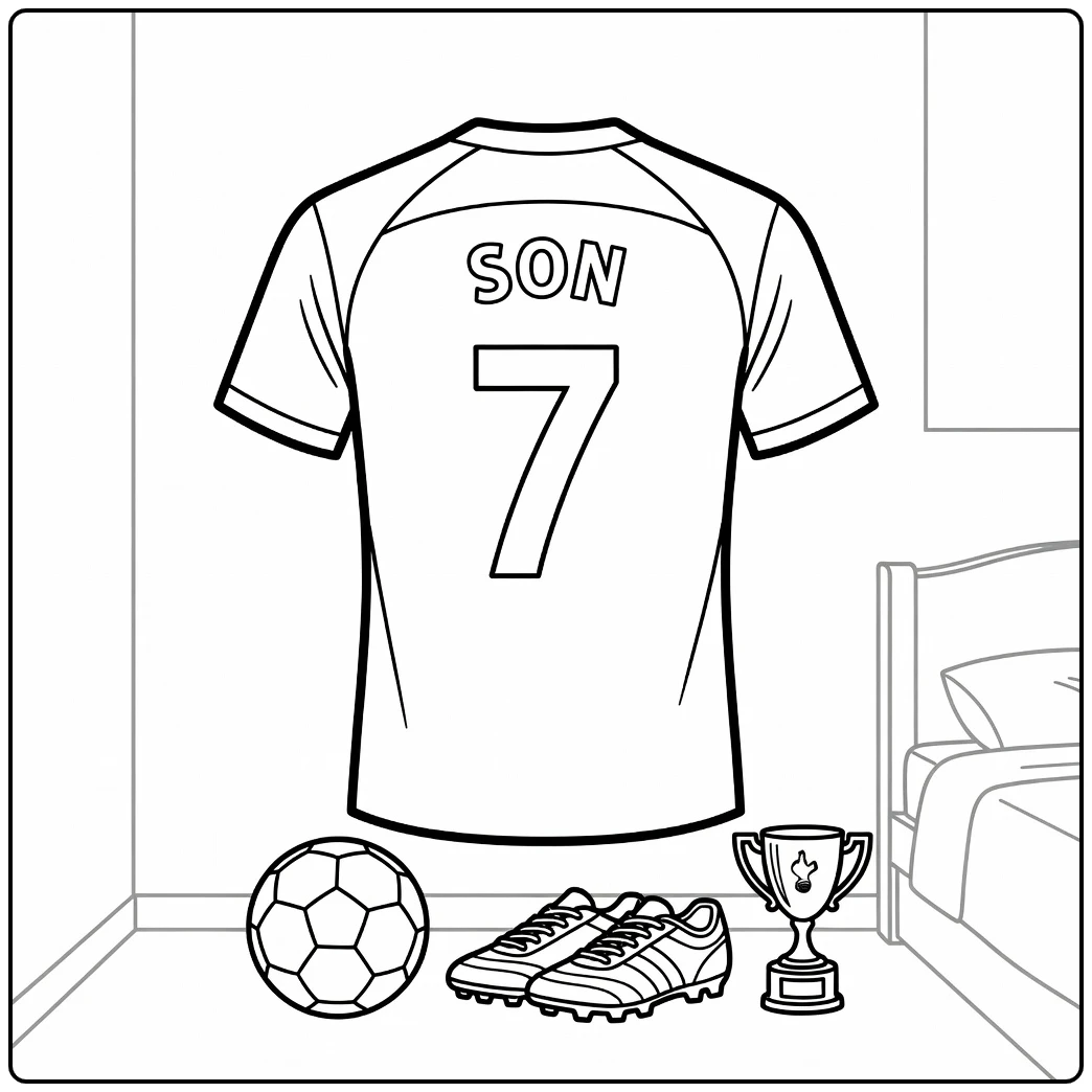 Soccer jersey coloring page showing Son number 7 with soccer gear