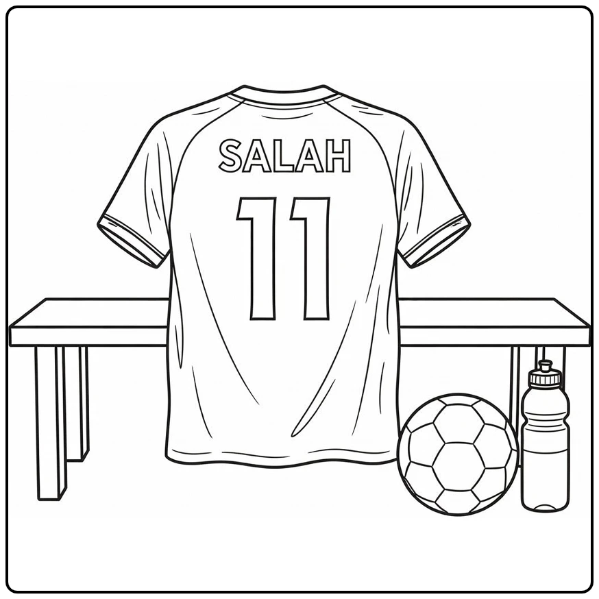 Soccer jersey coloring page showing Salah number 11 on a bench