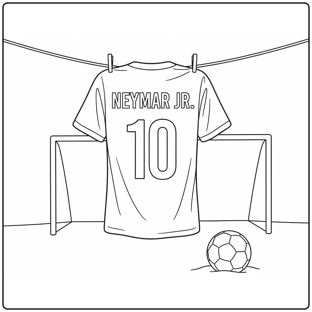 Soccer jersey coloring page featuring Neymar Jr. number 10 by a beach goal