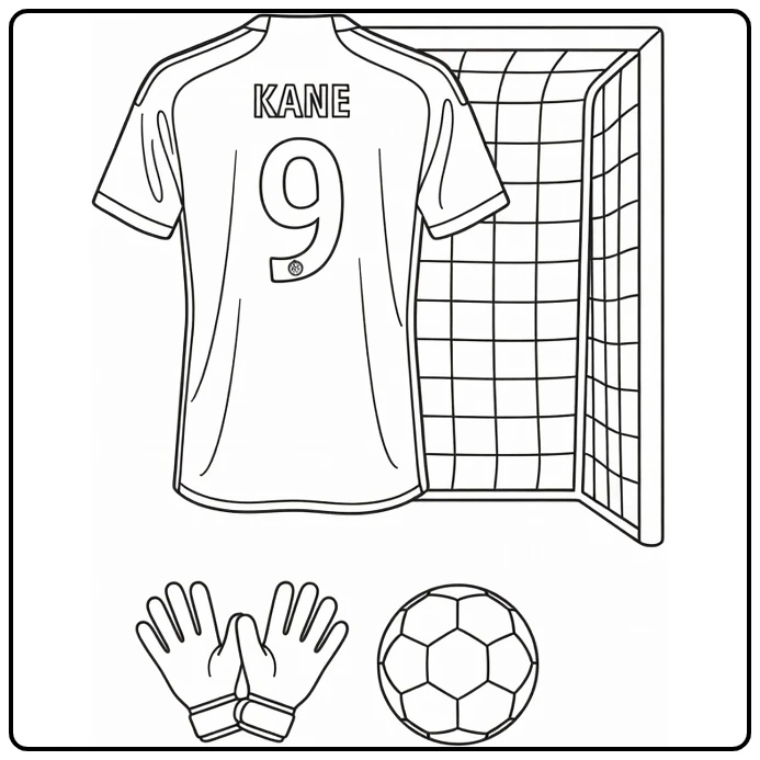 Soccer jersey coloring page showing Kane number 9 with goalkeeping gear