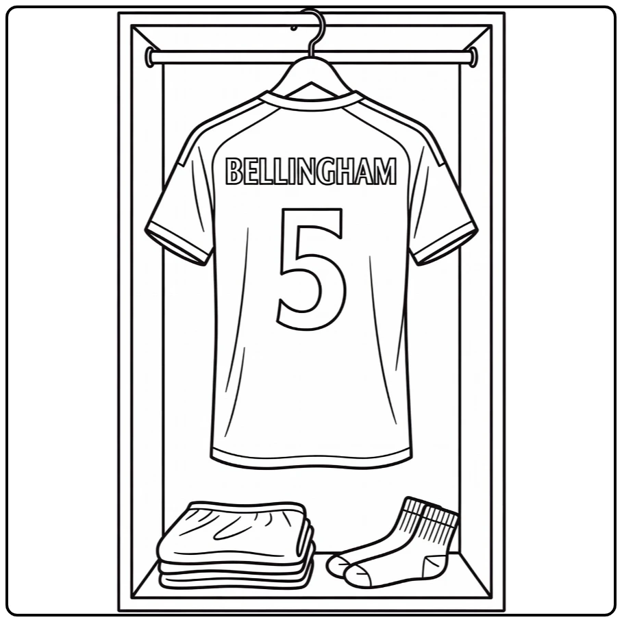 Soccer jersey coloring page featuring Bellingham number 5 in a locker