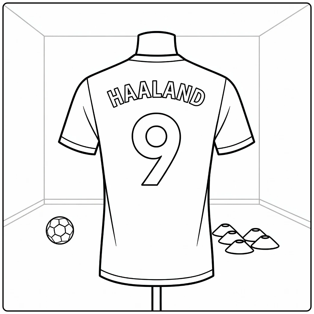 Soccer jersey coloring page featuring Haaland number 9 on a mannequin