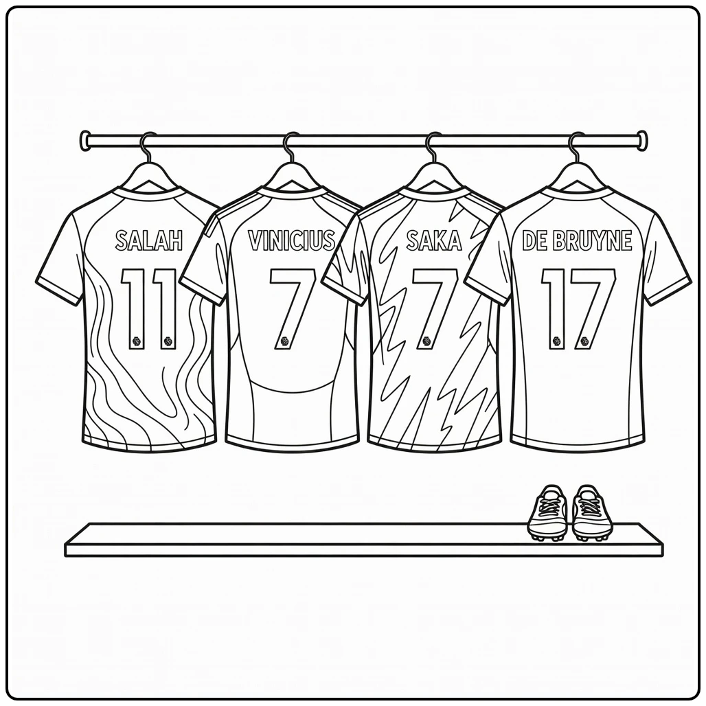 Soccer jersey coloring page showing four shirts on a clothing rack