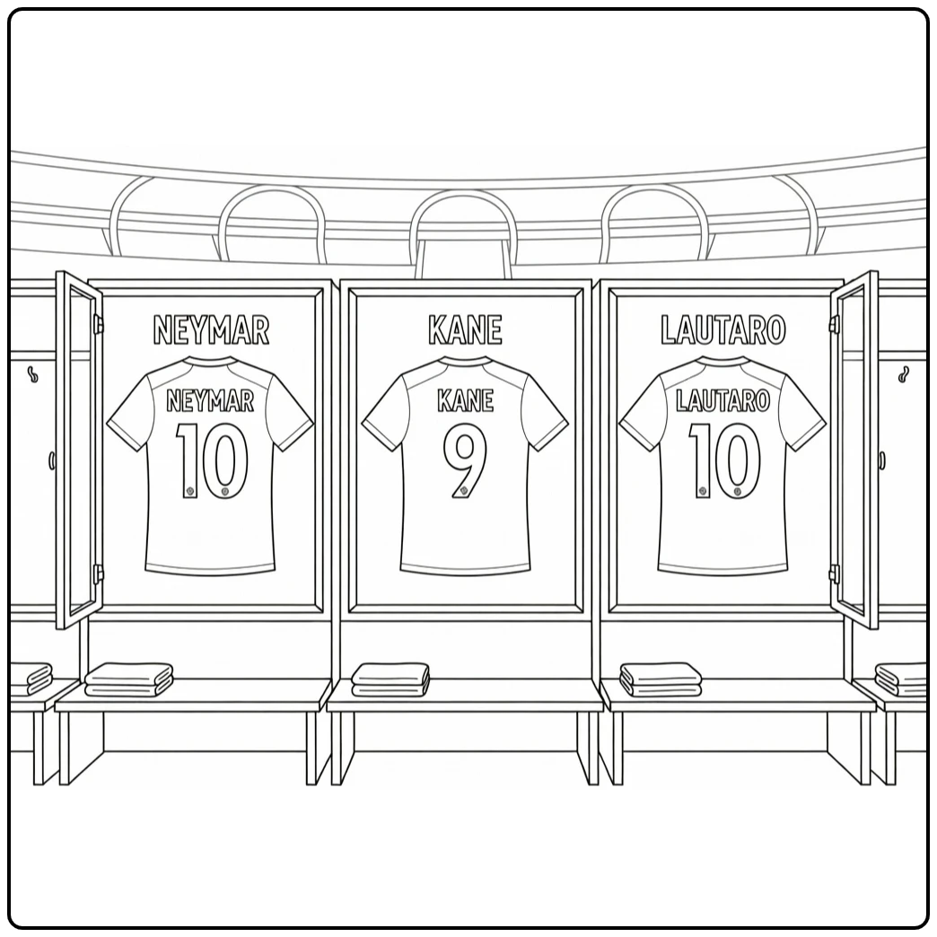 Soccer jersey coloring page featuring three shirts in locker displays
