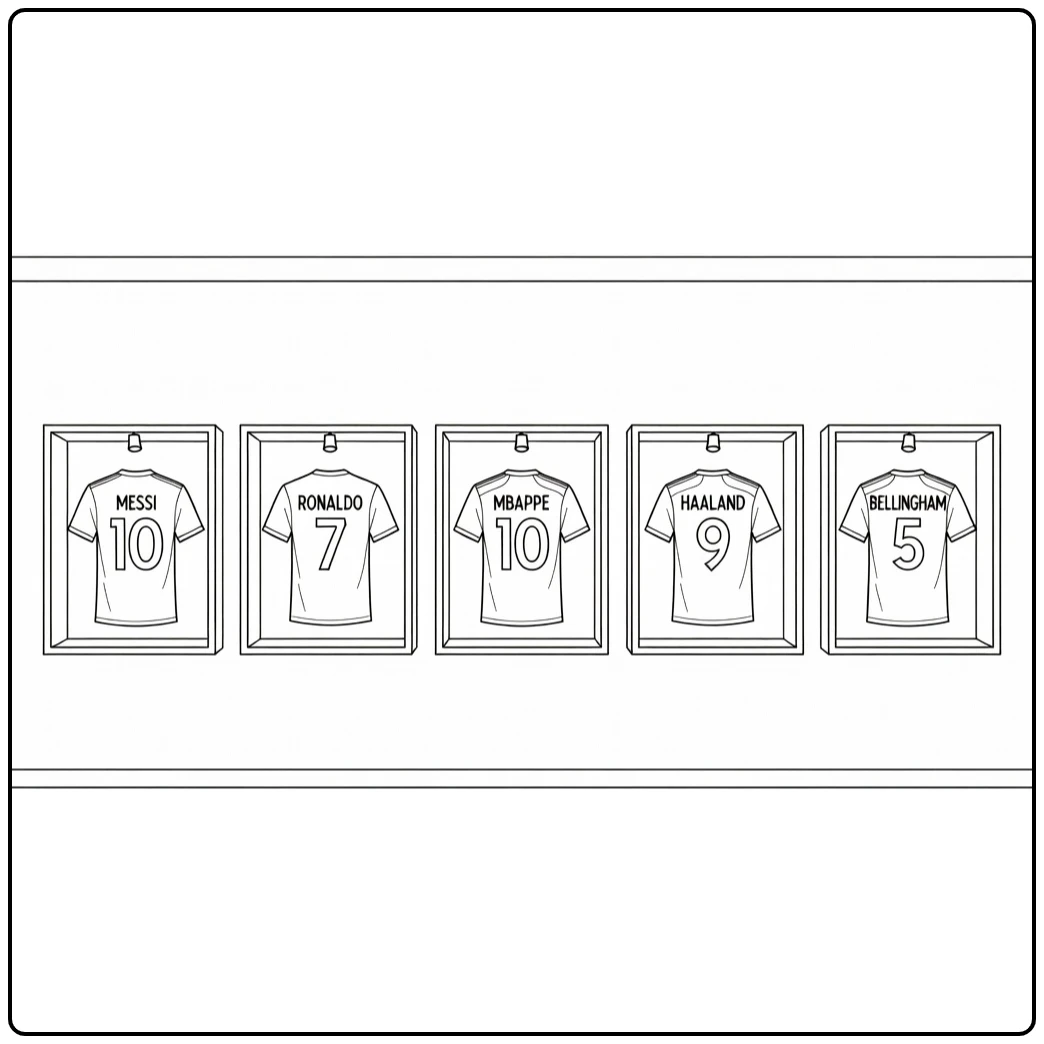 Soccer jersey coloring page showing five shirts in display cases