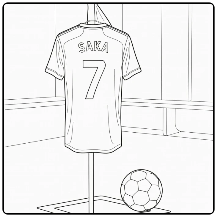 Soccer jersey coloring page featuring Saka number 7 near a corner flag