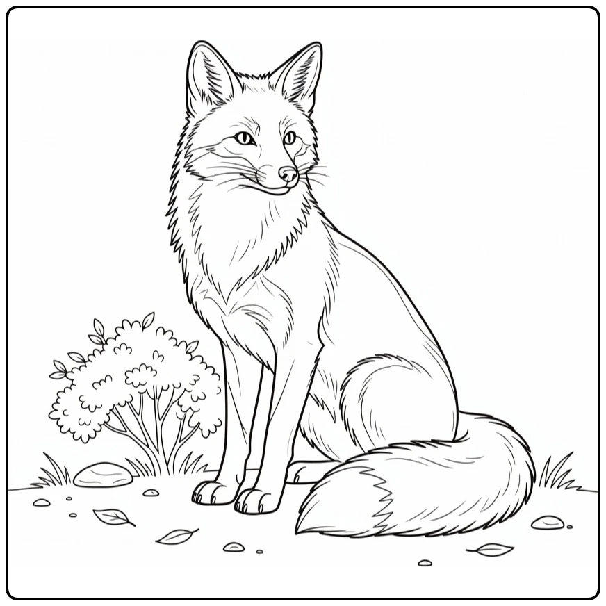Fox coloring page showing a fox in the woods