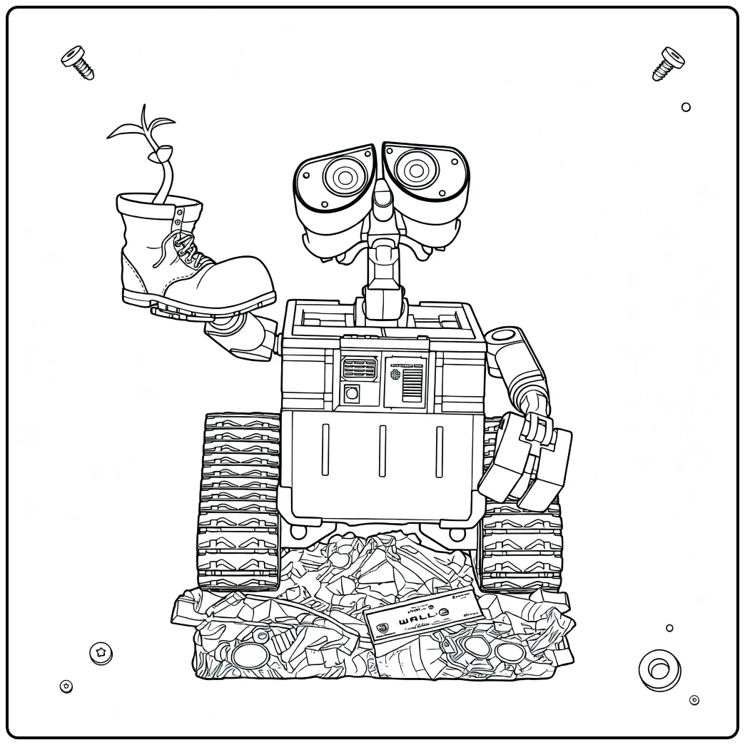 WALL E coloring page robot with plant in schoen on trash