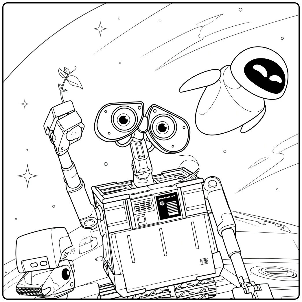WALL-E coloring page with WALL-E and EVE in space