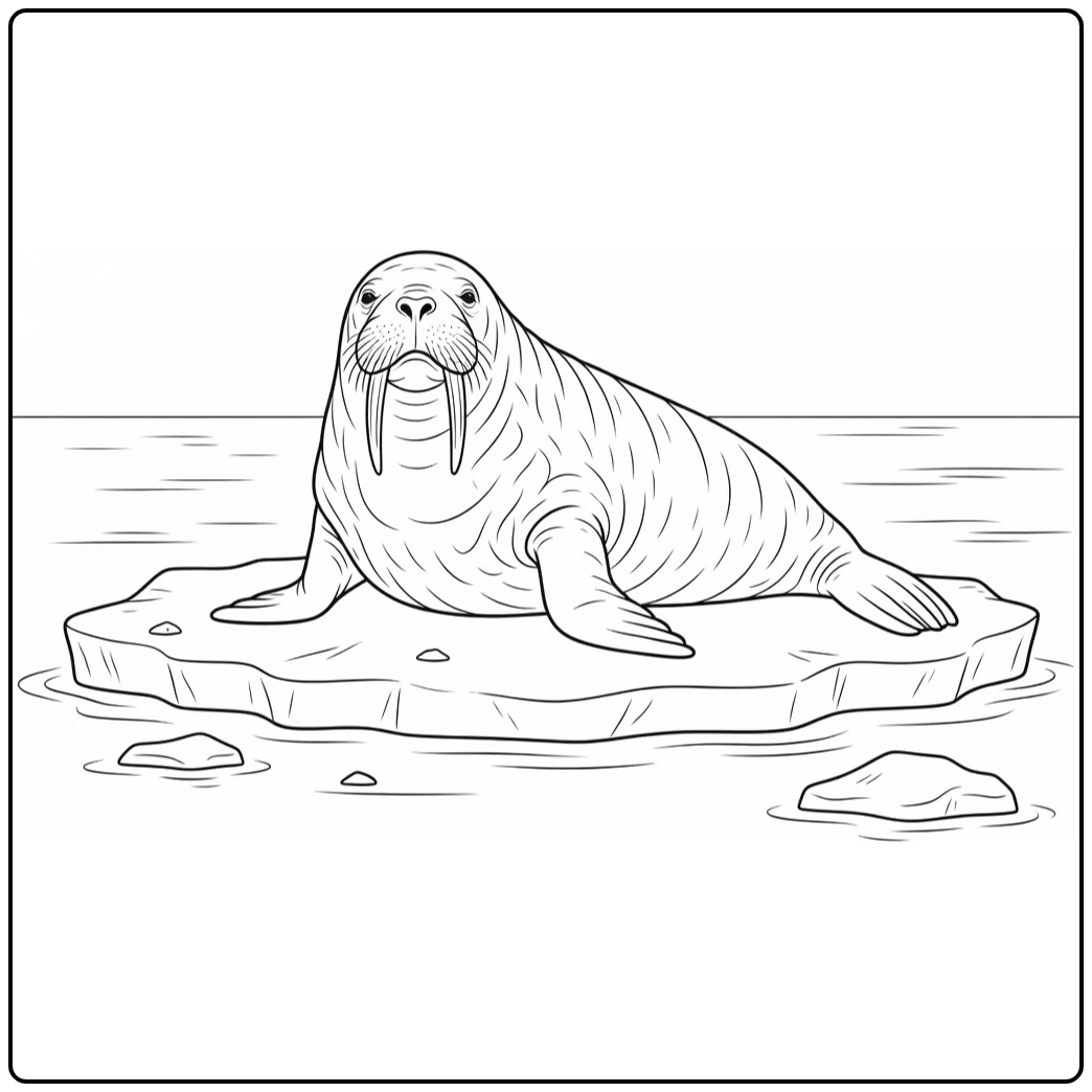 Polar animal coloring page featuring a walrus on floating ice