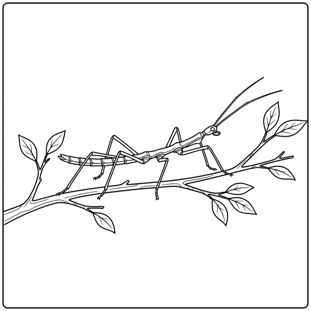 Stick insect coloring page featuring camouflage on a branch