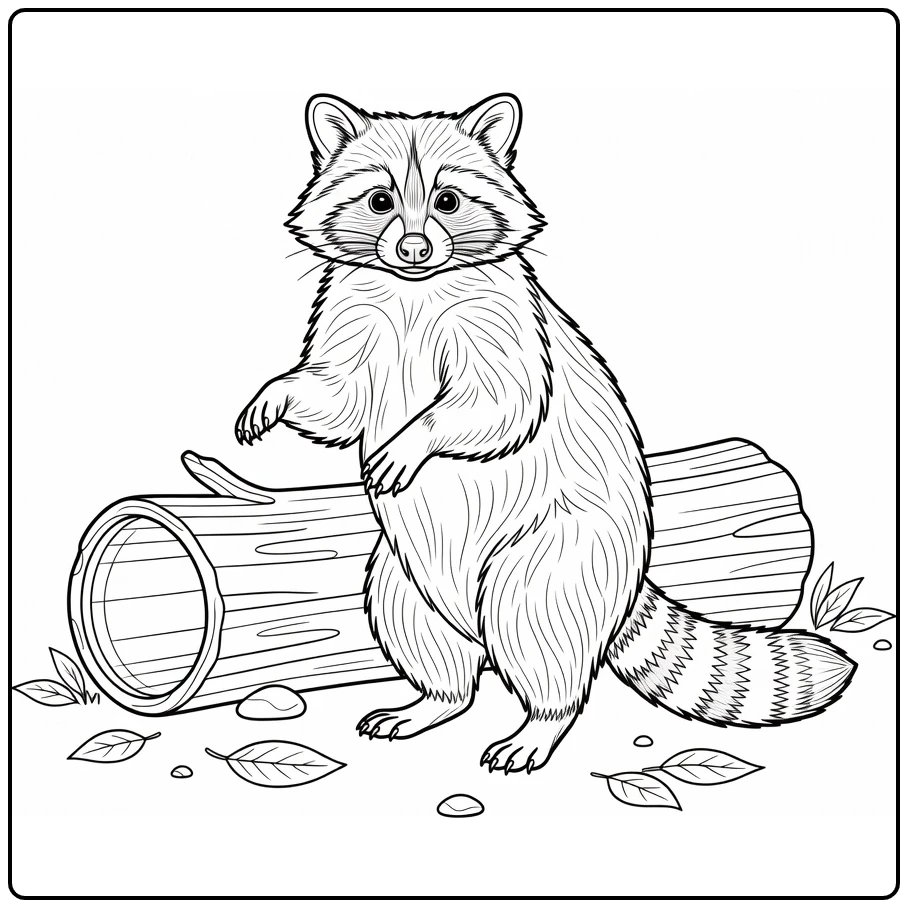 Raccoon coloring page featuring a raccoon by a log