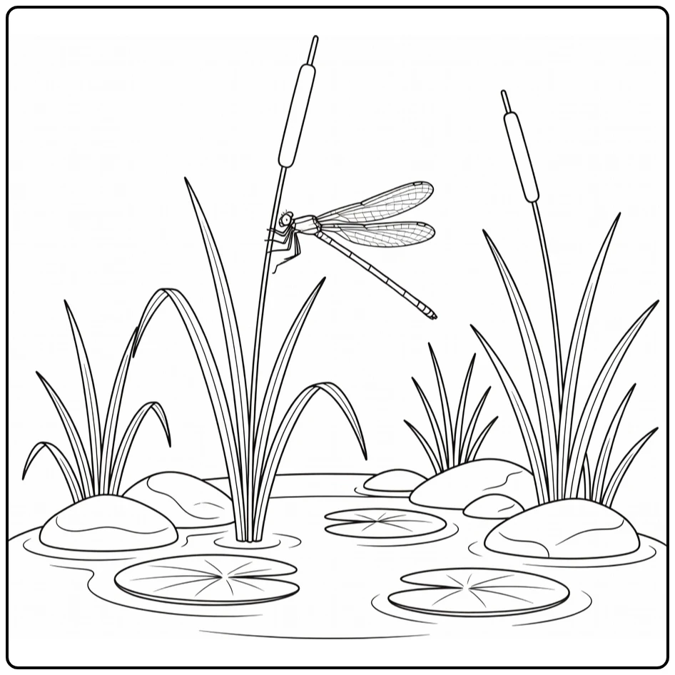 Damselfly coloring page showing an insect near pond plants