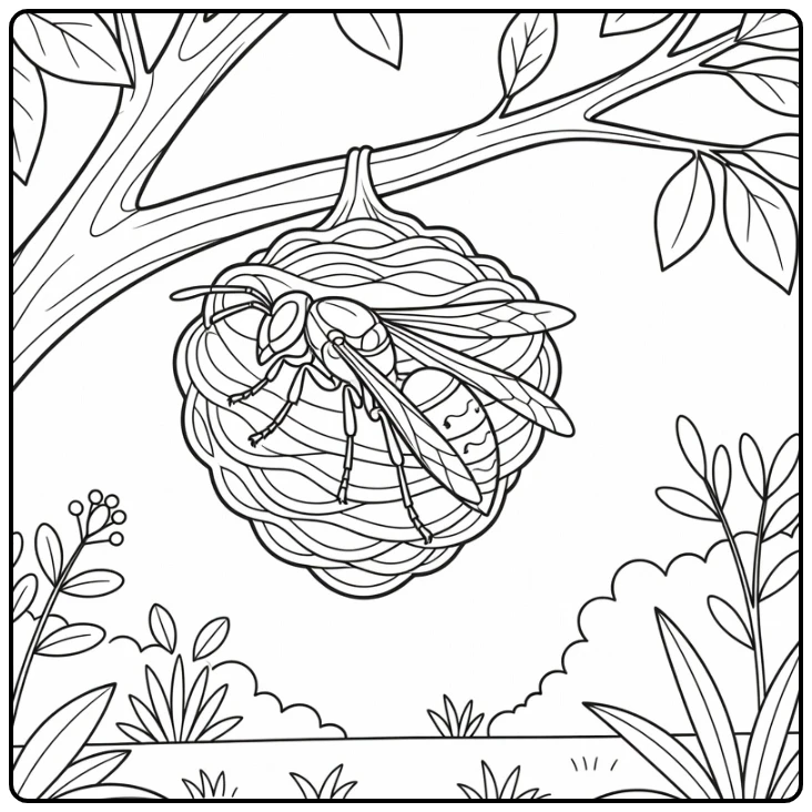 Wasp coloring page showing an insect beside its nest