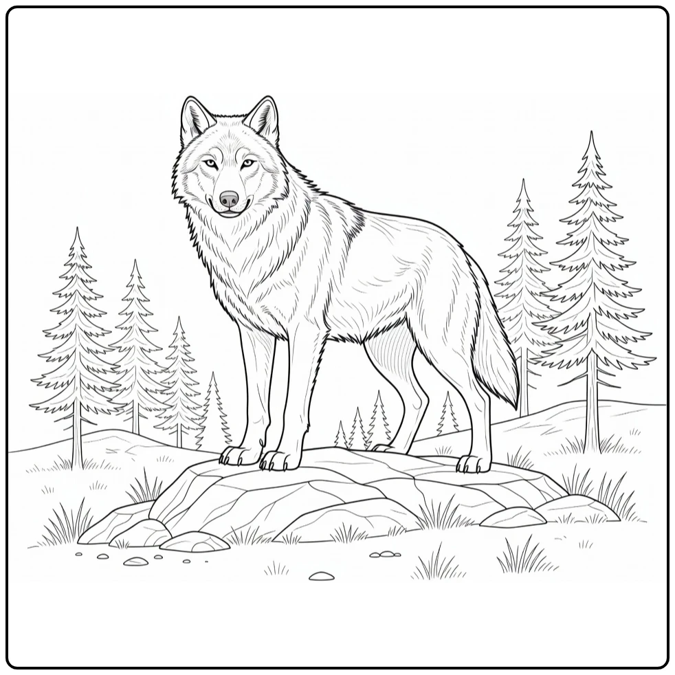 Wolf coloring page featuring a wolf on a forest rock