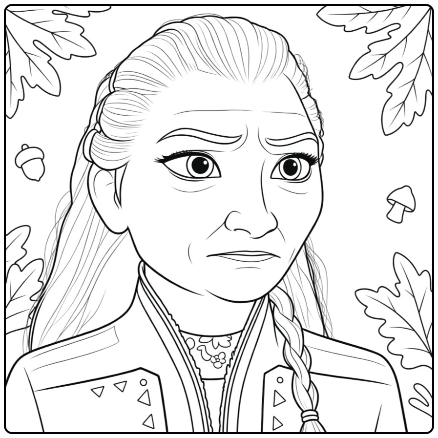 Yelena coloring page bezorgde vrouw with bladeren and eikel