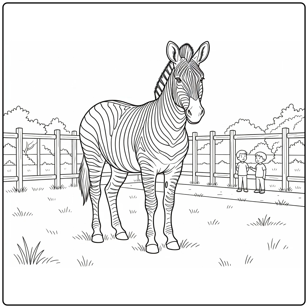 Zoo coloring page showing a zebra in the grassland enclosure