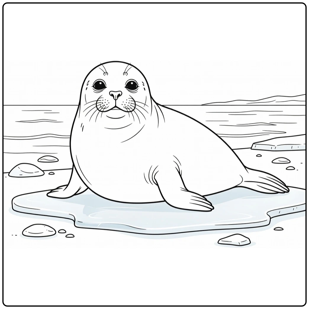 Polar animal coloring page featuring a seal with round eyes on the ice