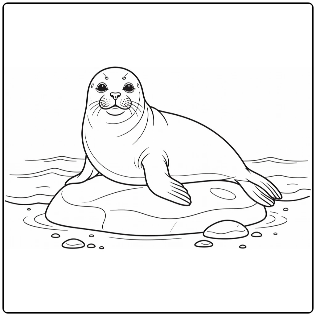 Seal coloring page showing a seal on a seaside rock