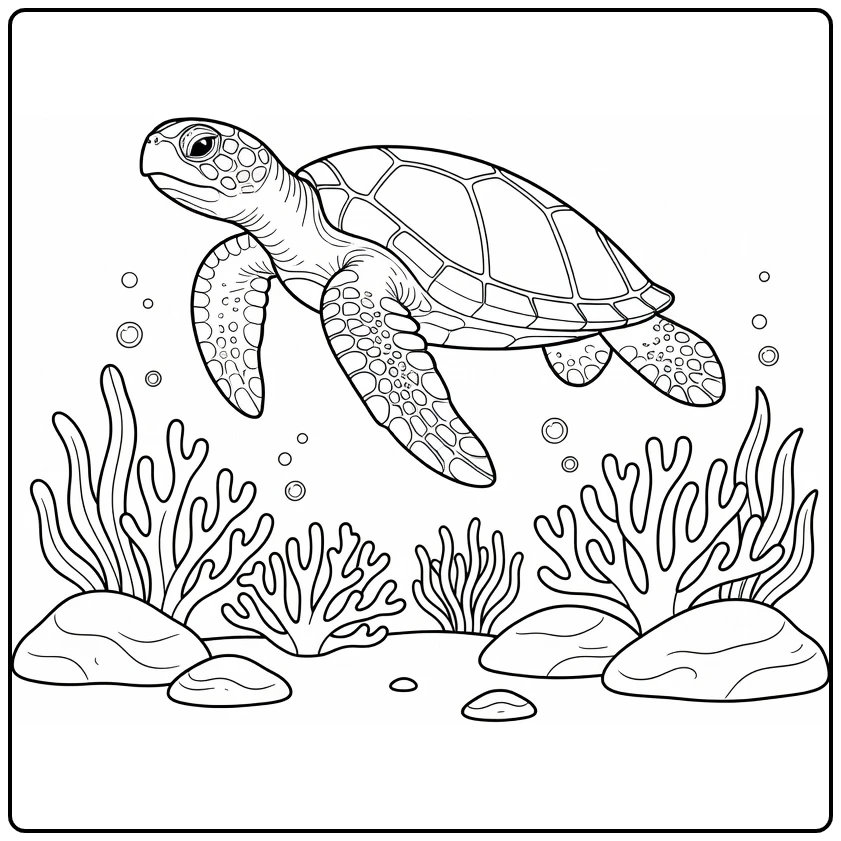 Sea turtle coloring page featuring an underwater reef scene